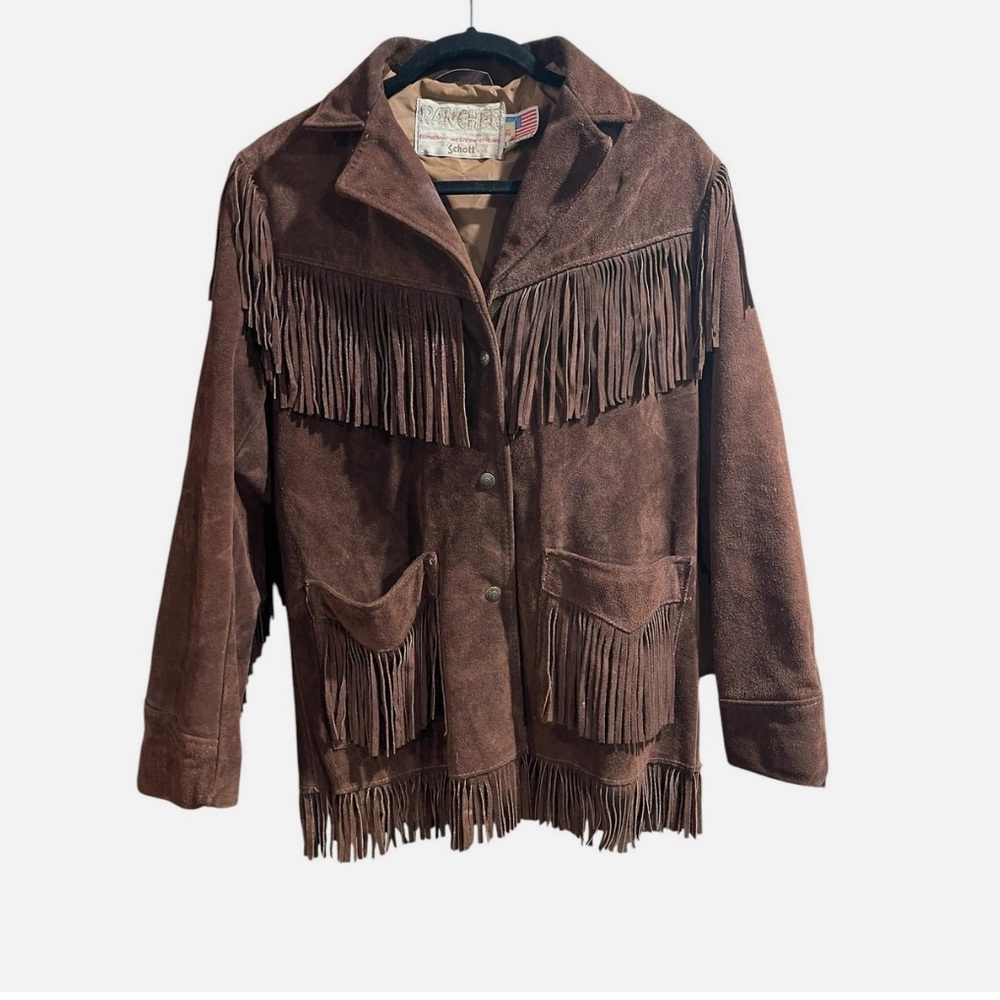 Schott NYC RANCHER Vintage Western Fringe Leather Coat Jacket 12 Dark Brown 70’s
